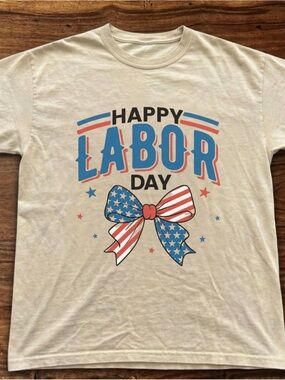 Gildan Cream "Happy Labor Day" Graphic Tee with Red, White & Blue Bow